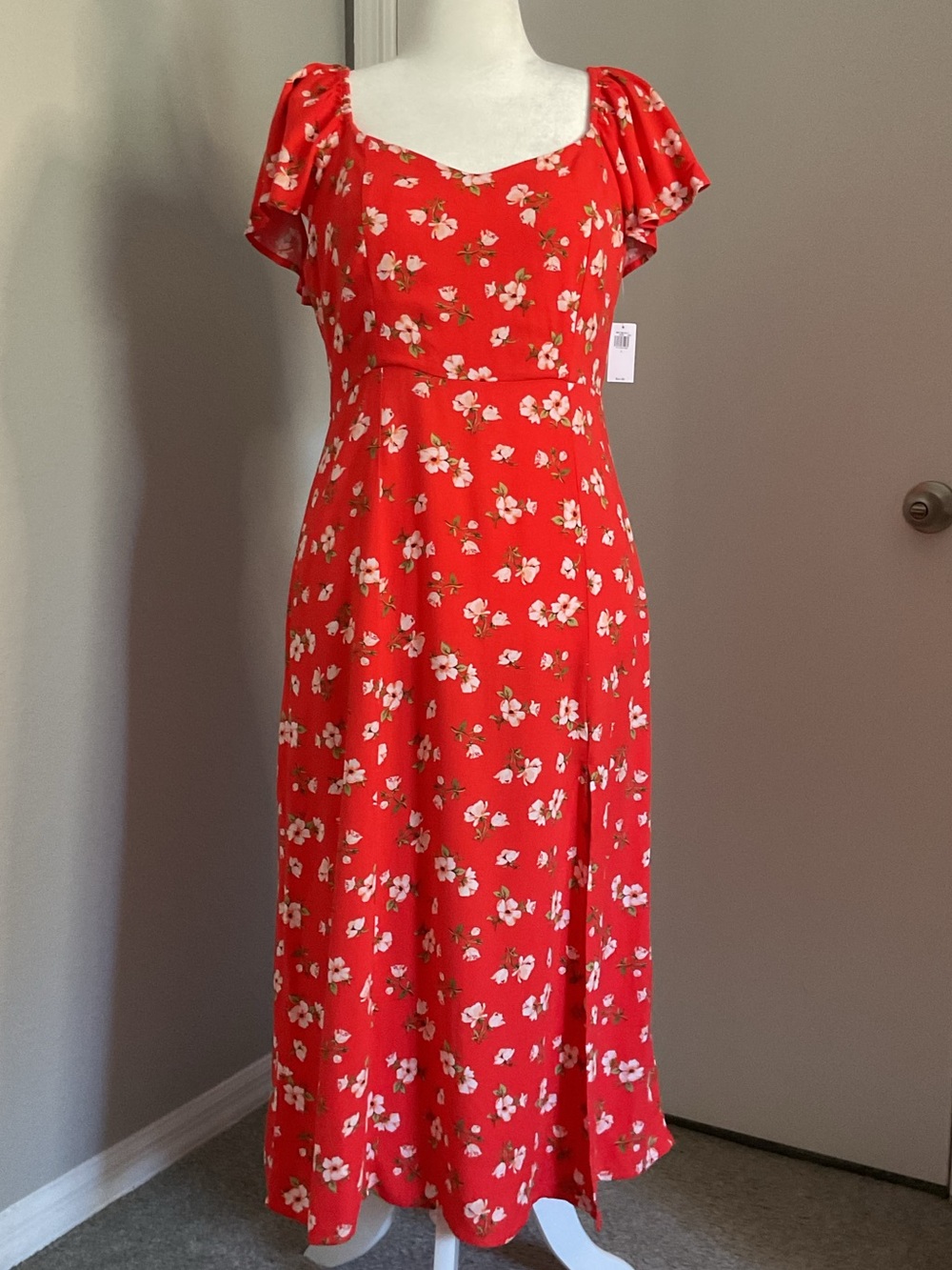 Old Navy Red Floral Midi Dress with Sweetheart Neckline